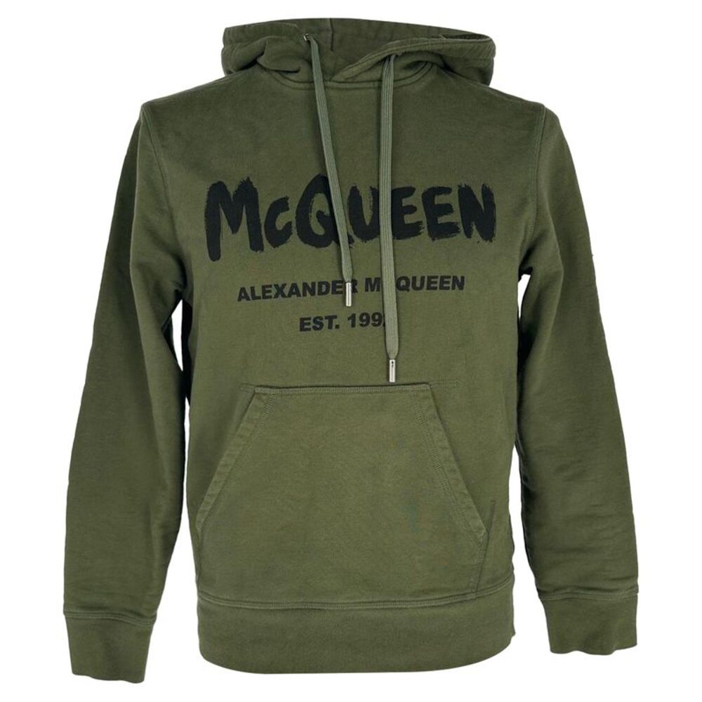 Alexander Mcqueen Graffiti Logo-Print Hoodie in Olive Cotton